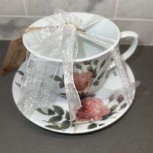 NEW KENT Pottery Lord Scripture Proverbs 3: 5-6 Rose Coffee Tea Cup & Saucer